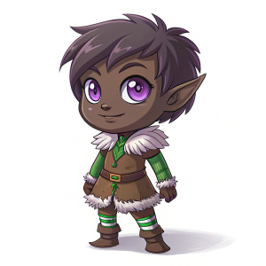 Digital artwork of a chibi elf. Dark skin, short hair, intense purple eyes. Wearing brown outfit, accessorized with green, fluffy white details. White background, friendly and assertive stance.