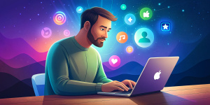 A male copywriter writes text for telegrams and Instagram on his laptop. Use the logos of social networks telegram and instagram. A vivid illustration.