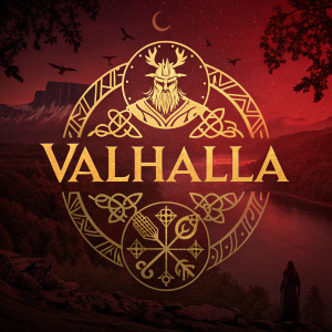 The VALHALLA logo in vibrant gold on a dark red background, featuring intricate runes and symbols.