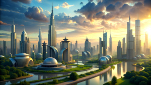 city of future with unreal architecture, realistic style