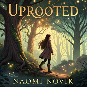 Front cover art for 'Uprooted' by Naomi Novik. A woman with long brown hair, standing in a mystical forest. Background features towering ancient trees, glowing orbs, and mythical creatures. Colors range from deep greens to golds. Title and author name in elegant script.