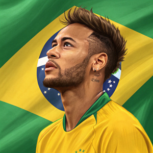 Digital painting of Neymar Jr. His face is illuminated. Brazilian flag background with green and yellow hues.
