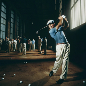 Miguel Angel Jimenez in the middle of a powerful golf swing at a busy public golf course. The backdrop is crowded with other players and spectators. He's wearing a blue polo shirt, white pants, and a classic golf cap. The green is dotted with several golf balls and clubs.