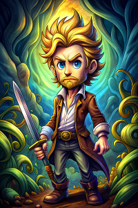cartoon character of Guybrush Treepewood of the video game Monkey Island, with sword,  full body, comic ,style pop art, style, graffiti style,  black background, ready for print t-shirt, style art fabric