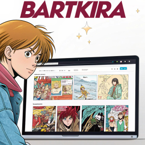 Digital artwork featuring 'Bartkira' comic book covers in a manga style. Displayed on a web browser.