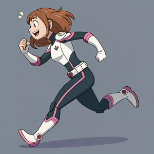 Uraraka Ochako from 'My Hero Academia', depicted in dynamic action poses. White and black outfit with pink and gray highlights. Gray background, energetic scene