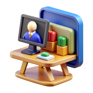 Illustrate a lively 3D icon of a computer screen with a teacher's desk capturing the essence of live interaction in online classes.