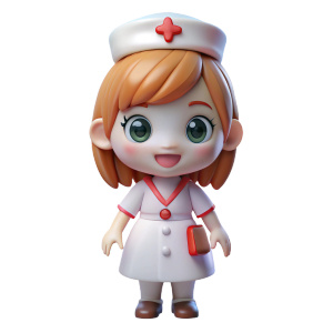 Comic cartoon kawaii Nurse. White background PNG. Full body. Cute.