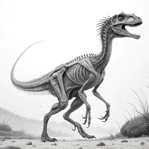 High-definition, black and white rendering of Dilophosaurus. Running posture, detailed skeletal structure visible.