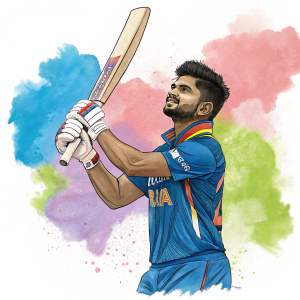 A vibrant digital sketch of Shreyas Iyer, an Indian cricketer. He's wearing a cricket jersey and holding a bat. The background is filled with watercolor splashes.