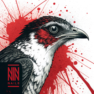 Album cover art for Nine Inch Nails featuring black and white imagery with a prominent red splatter design.