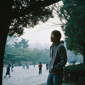 Lee Soo-Hyuk, an actor, captured in a candid moment. Wearing a grey hoodie and casual jeans. Stands in a bustling city park.