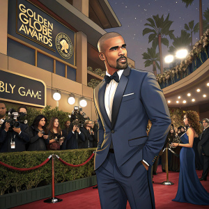 Shemar Moore, in a formal navy blue suit, poses at the Golden Globe Awards. Crowded venue with flashing cameras and spectators.