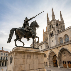 The El Cid statue, a powerful sculpture of a knight on a galloping horse, stands tall in the Plaza de Santa María, Burgos, Spain. The historic building with intricate details and towering arches looms behind it.