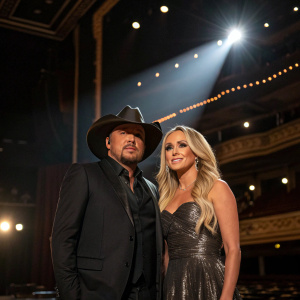 Jason Aldean and Brittany Aldean attending the Academy of Country Music Awards. They are in formal attire. Spotlight on stage background.