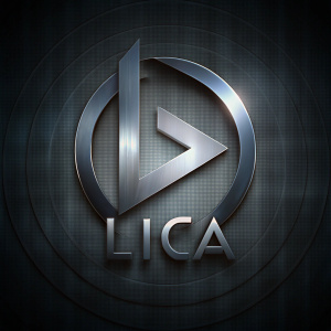 Logo streaming con letras muy plateadas elegantes que diga Lica y el simbolo reproducir