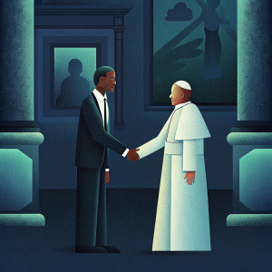 Barack Obama and Pope Francis shaking hands during a visit at the Vatican.