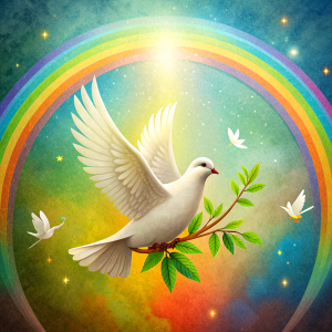 dove with olive branch, rainbow, ark