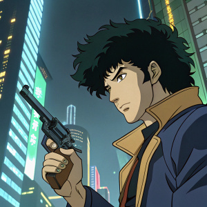 A close-up of Spike Spiegel from Cowboy Bebop. Dark hair and piercing eyes. Clutching a revolver. Futuristic cityscape background