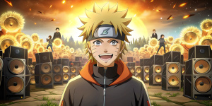 Naruto face visible, with a big smile, in a field, in front of a wall of loudspeakers, partying at a rave party