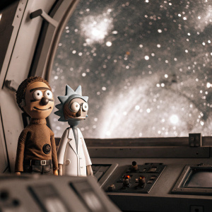 Rick Sanchez and Morty Smith, animated characters. Standing on a space station. Cosmic background with stars and galaxies