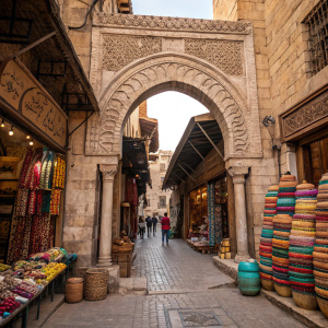 Entrance to a bustling souk. Ornate archway adorned with intricate stone carvings. Earth-toned palette, filled with vibrant baskets and colorful goods. Stone columns support the traditional Middle Eastern architecture. Realistic photograph capturing the essence of Khan el-Khalili.