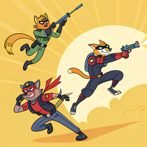 Swat Kats characters, all in action poses, against a sunny yellow backdrop.