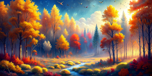 A clearing in the middle of a dense autumn forest - dark red, gold, crimson. Clear, cloudless azure sky. Bright-yellow birches. Dark green spruce. Maples. Oak trees. Pines. Shrubs. Kick it. The dark brown ground is half covered with yellow and red leaves. A flock of starlings is flying in the sky. Yellow sunlight covers everything.