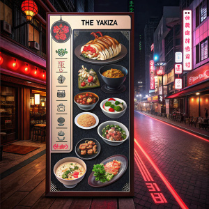 The Yakuza's menu showcases an array of traditional Japanese dishes. Neon-lit street background. Grid layout with item names, descriptions, and prices.