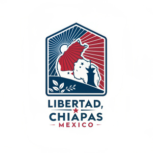 Logo design for Chiapas, Mexico. Features a modern, abstract representation of the state's geography in vibrant red, blue, and white colors, with the Spanish text "Libertad, Chiapas, México" prominently displayed.