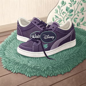 Walt Disney sneakers featuring dark purple name and logo. Sitting on a cozy, plush, green rug.