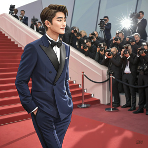 Park Hyung-Sik, South Korean actor, promoting his new film at the Cannes Film Festival. He is dressed in a tailored navy suit. Lavish red carpet with flashing cameras in the background.