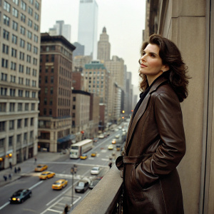 Actress Julia Ormond at the grand opening of a new gallery. Wearing a brown leather jacket and standing against a busy cityscape backdrop.