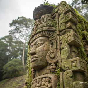 Ancient Mayan sculpture located in Copan, Honduras. Detailed stone carvings depict mythological figures and warriors. Overgrown with moss, showing signs of erosion and time.