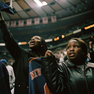 Nyara Sabally and a fan at a WNBA game. Fan holding New York Knicks jersey. Cheering crowd and vibrant court lights in background.