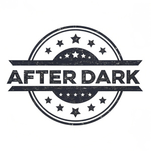 Grunge-style 'AFTER DARK' logo with rough, distressed font. Irregularities and imperfections emphasized. Textured appearance gives rugged, aged look. Thick font centered in image.