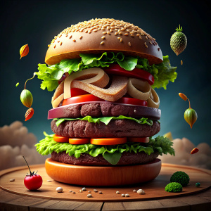 Generate an image with the text "Raymon Hamburger" in the letter O of Raymon, it must be a well-detailed, vibrant hamburger, it is for a print, digital art.