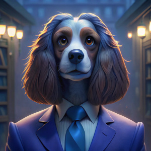 A dapper cartoon spaniel in a traditional barbershop, showcasing his new trendy side part haircut, complete with a classic barbershop cape
