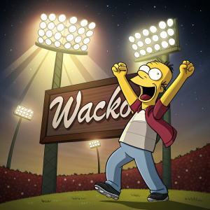 Cartoony Homer Simpson lookalike cheering in front of WackO sign. Stadium lights in the background.