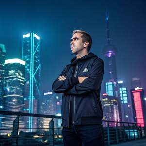 Digital portrait of Philipp Lahm, designed by Thanh Hlam. Futuristic cityscape background.