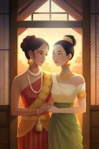 The image shows two beautiful khmer women in a embrace, their body pressed together. They are both wearing traditional sarong, pearls and fine jewelry, and their hair is styled differently. They are standing in front of a window, with sunlight highlighting their curves, traditional wood thai style room background