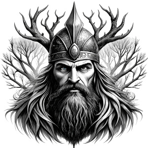 Wikinger mit zwei Gesichtern baum yggdrasil – and weapons high-definition design grey and black, realistic tattoo design, white background