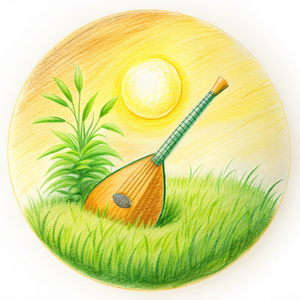 icon style, realystic, grass below and above, old russian balalaika, bong, sun