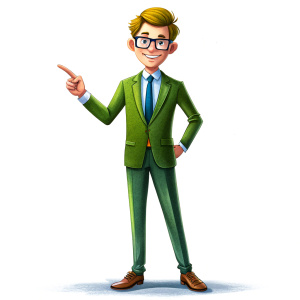 40 years old male teacher in suit, as a drawing for a cartoon, on a white background, whole body he points with his hands