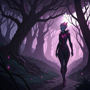 Evelynn, a character from League of Legends, dark skin with pink accents. In a mysterious, shadowy forest. Trees with twisted branches, purple and black hues