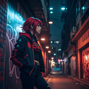 Ryuko Matoi, with her vibrant red hair, stands in a neon-lit alley. She is dressed in a black and red outfit. The urban backdrop, with graffiti and flickering lights, contrasts sharply with her fiery presence.