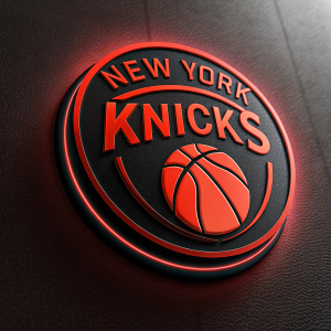 Revised New York Knicks logo, sleek and vibrant design. Circular badge with bold, dynamic font. Basketball integrated into the logo's center. Modern take on classic themes. Deep red and black palette. Digital illustration style.