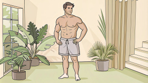 A man wearing only shorts, shirtless, 45 degree angle view, white background