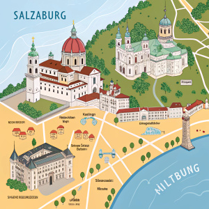 Interactive map of Salzburg, Austria, featuring detailed city layout. Bright background