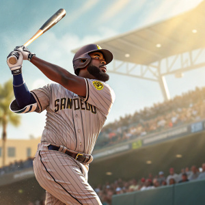 Franmil Reyes, in a vibrant San Diego Padres jersey, in mid-swing during a crucial game. Crowd blurred, outdoor stadium, sunny day.
